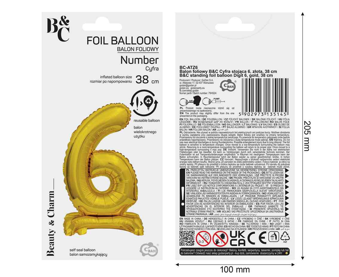 B&C foil balloon Standing digit 6, gold, 38 cm